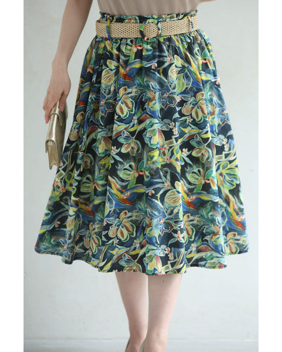 色彩豊かに描くボタニカル柄ミディアムスカート(ベルト付き)