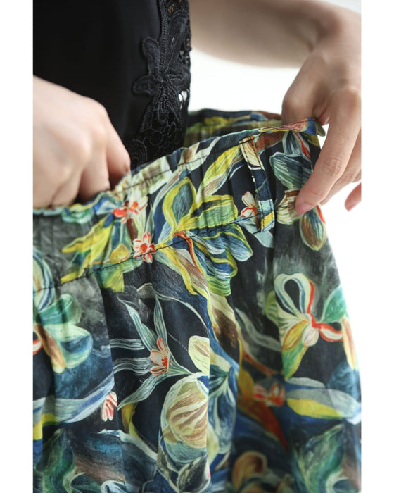 色彩豊かに描くボタニカル柄ミディアムスカート(ベルト付き)