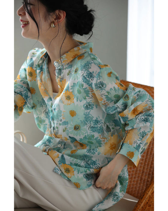 涼しく柔らかな花の水彩画シャツトップス