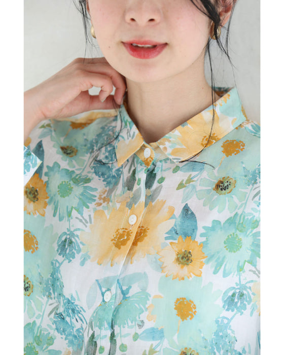 涼しく柔らかな花の水彩画シャツトップス