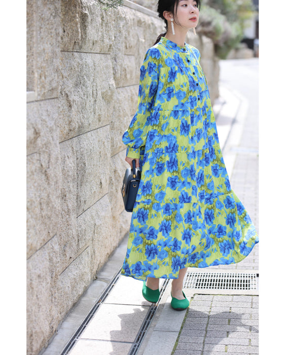 街ゆく華やかな青花ティアードロングワンピース(紐リボン付き)