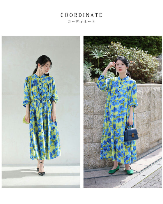 街ゆく華やかな青花ティアードロングワンピース(紐リボン付き)