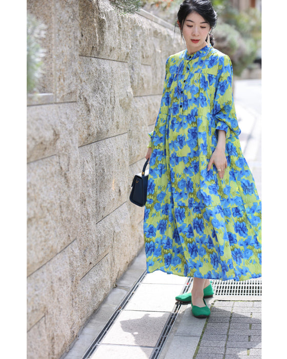 街ゆく華やかな青花ティアードロングワンピース(紐リボン付き)