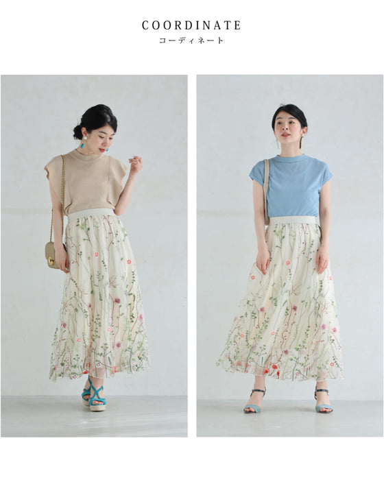 一面に広がる花刺繍チュールミディアムスカート