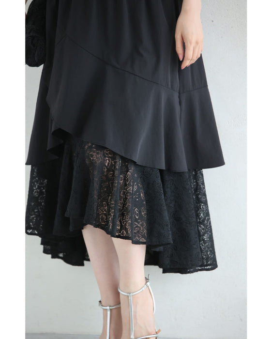 ドレープレース揺らめく重なるランダム裾ミディアムスカート