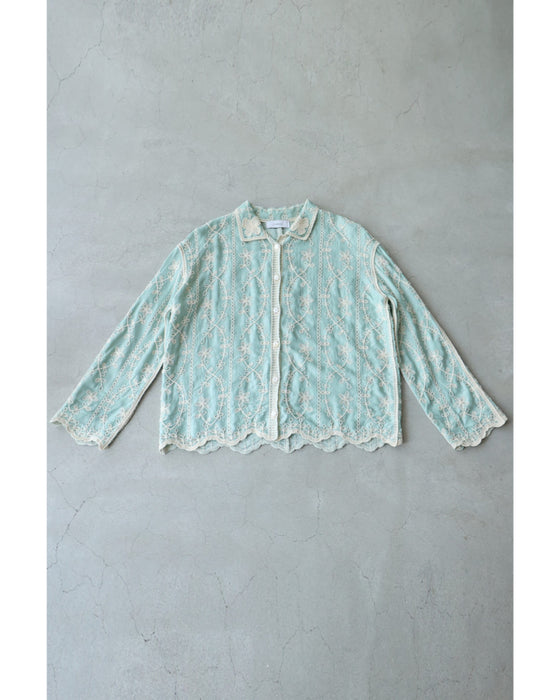 花刺繍のミントカラーシャツトップス