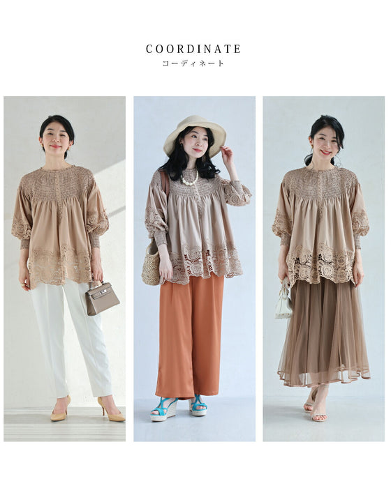 バラレースがふんわり広がるデコルテシャーリングブラウストップス