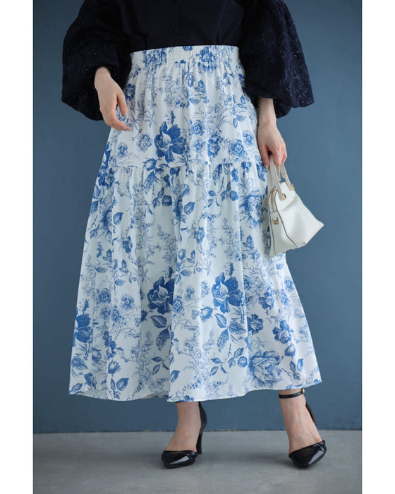 優美な青で描くアンティーク風花柄ミディアムスカート