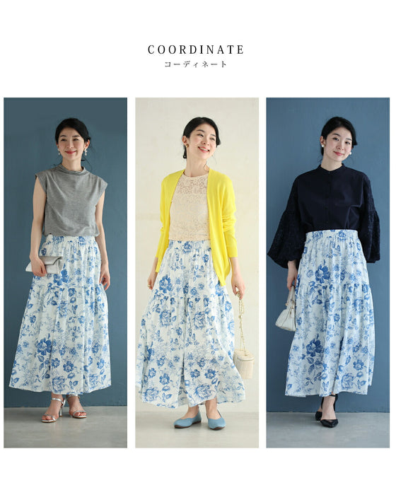 優美な青で描くアンティーク風花柄ミディアムスカート