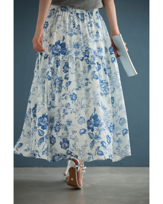 優美な青で描くアンティーク風花柄ミディアムスカート