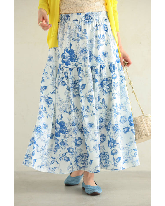 優美な青で描くアンティーク風花柄ミディアムスカート