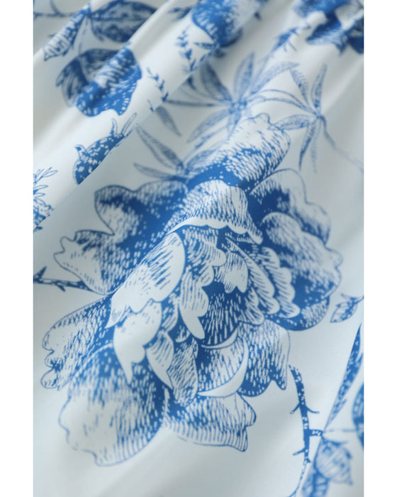 優美な青で描くアンティーク風花柄ミディアムスカート