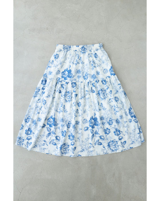 優美な青で描くアンティーク風花柄ミディアムスカート