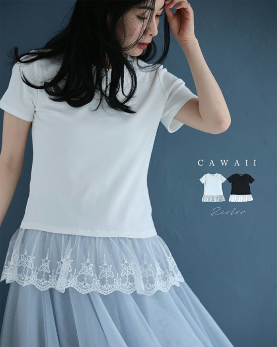 ひと匙のエレガントをプラスする裾チュールのTシャツトップス