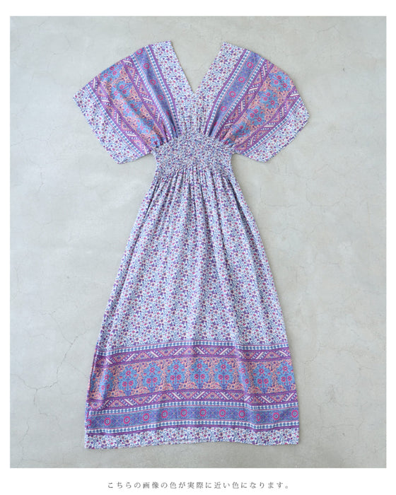 可愛らしい小花柄のウエストシャーリングXラインロングワンピース