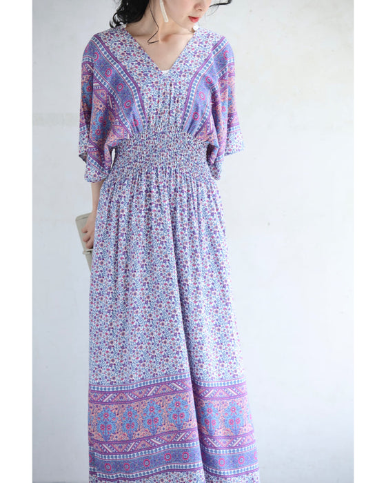 可愛らしい小花柄のウエストシャーリングXラインロングワンピース