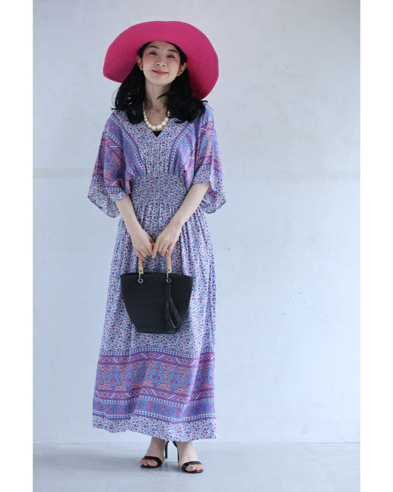 可愛らしい小花柄のウエストシャーリングXラインロングワンピース