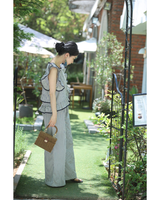 爽やかなストライプ柄フリルカットソーとワイドパンツ2点セット【set】