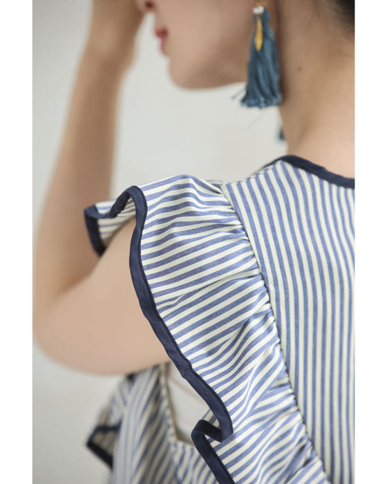 爽やかなストライプ柄フリルカットソーとワイドパンツ2点セット【set】