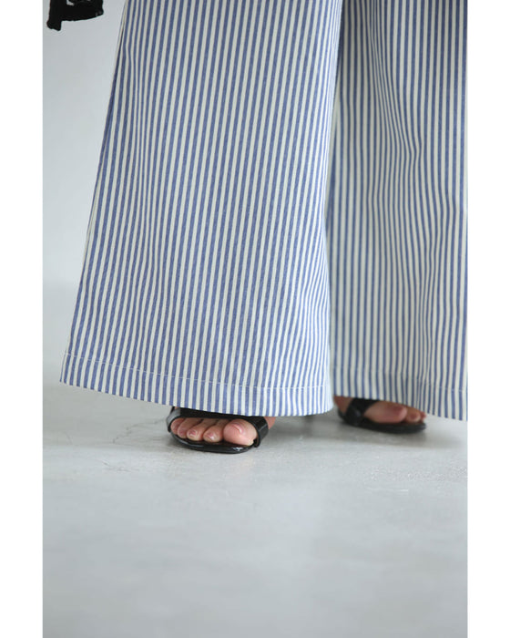 爽やかなストライプ柄フリルカットソーとワイドパンツ2点セット【set】