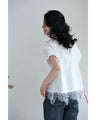 溢れ咲く裾レースのパールネックTシャツトップス
