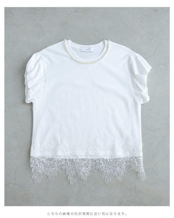 溢れ咲く裾レースのパールネックTシャツトップス