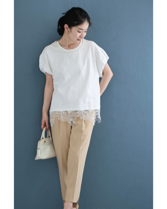 溢れ咲く裾レースのパールネックTシャツトップス