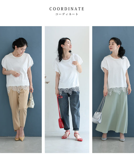 溢れ咲く裾レースのパールネックTシャツトップス