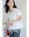 溢れ咲く裾レースのパールネックTシャツトップス