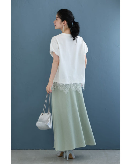 溢れ咲く裾レースのパールネックTシャツトップス