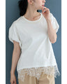 溢れ咲く裾レースのパールネックTシャツトップス