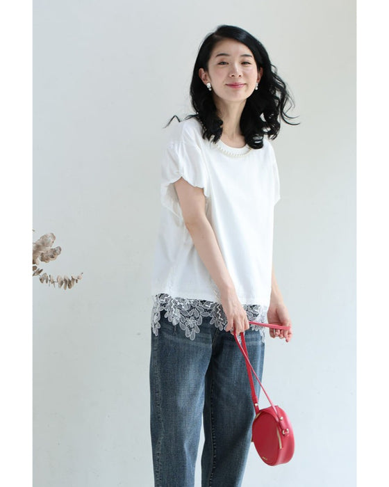 溢れ咲く裾レースのパールネックTシャツトップス