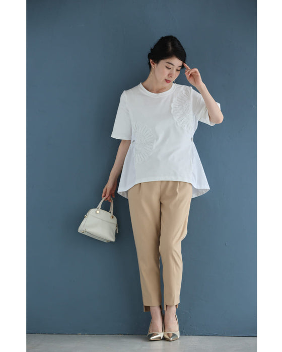 前後異素材の扇花レースペプラムカットソートップス