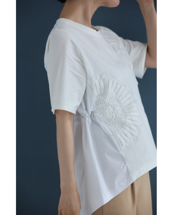 前後異素材の扇花レースペプラムカットソートップス