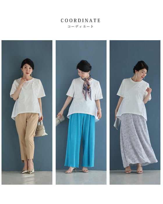 前後異素材の扇花レースペプラムカットソートップス