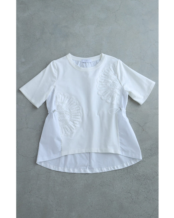 前後異素材の扇花レースペプラムカットソートップス