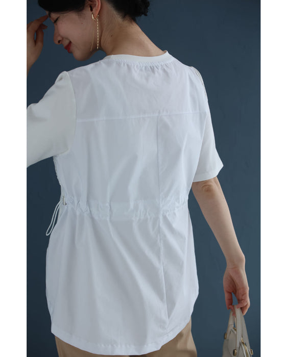 前後異素材の扇花レースペプラムカットソートップス