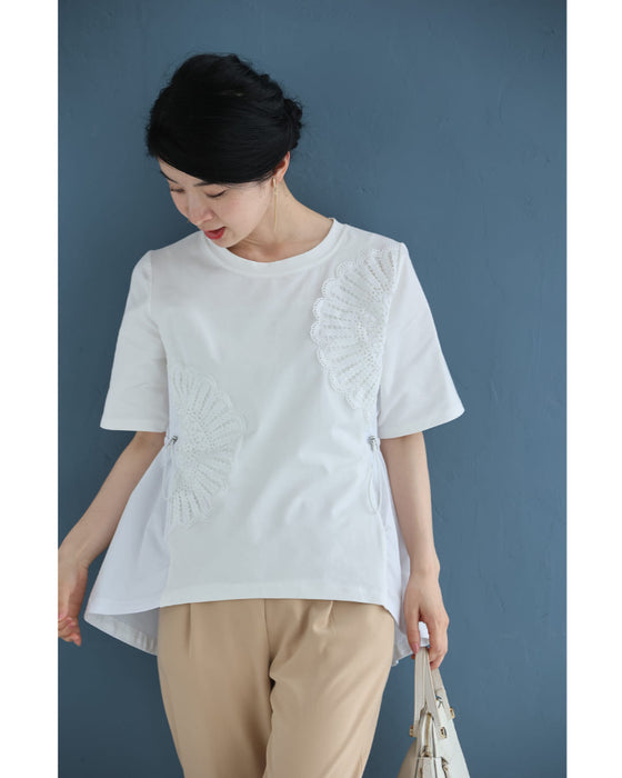 前後異素材の扇花レースペプラムカットソートップス