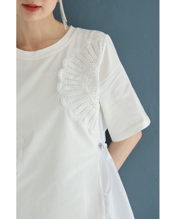 前後異素材の扇花レースペプラムカットソートップス