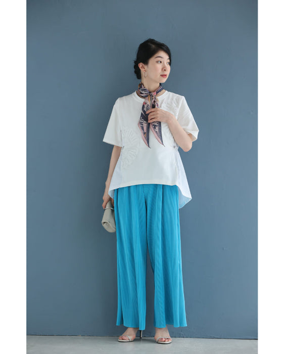 前後異素材の扇花レースペプラムカットソートップス