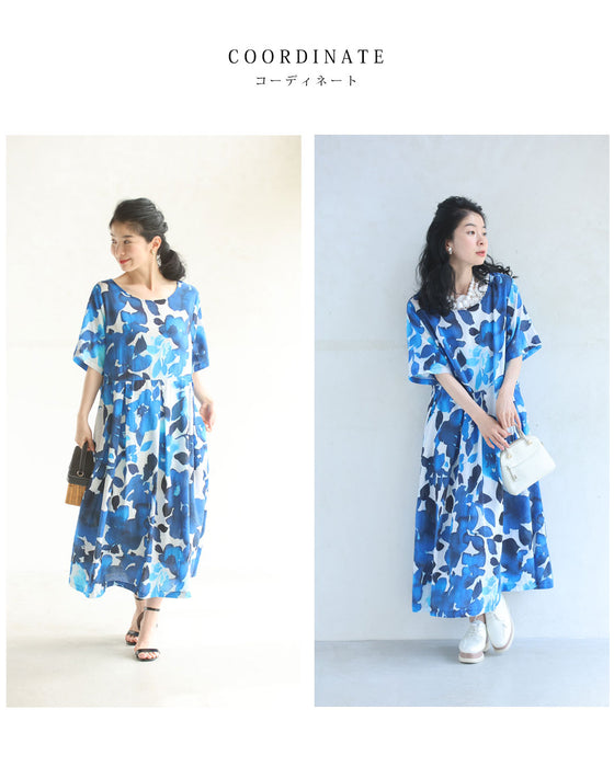 【 】青の花柄 白ミディ丈ワンピース さらり涼しい青い花咲くAラインミディアムワンピース – ONE