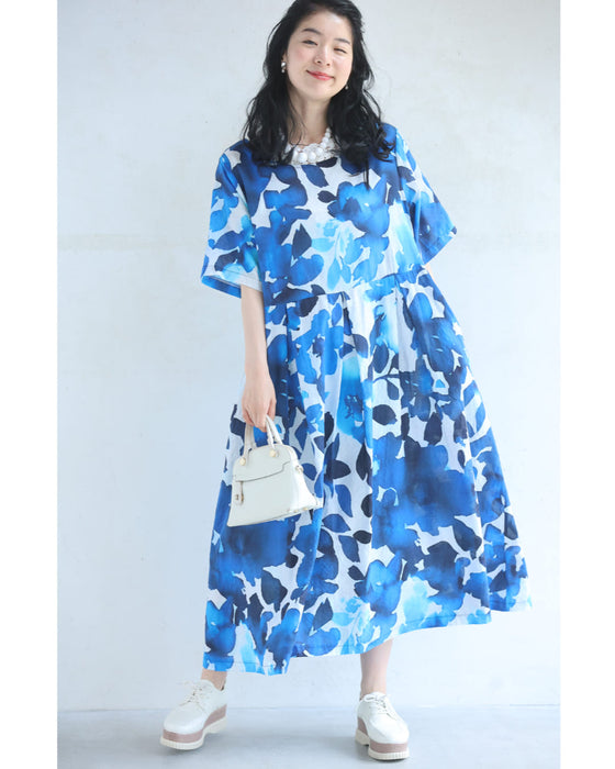 Savoir 花柄ワンピース 青系　新品未使用♡ AS KNOW #snc アズノウアズ ワンピース 七分袖 紺系 花柄