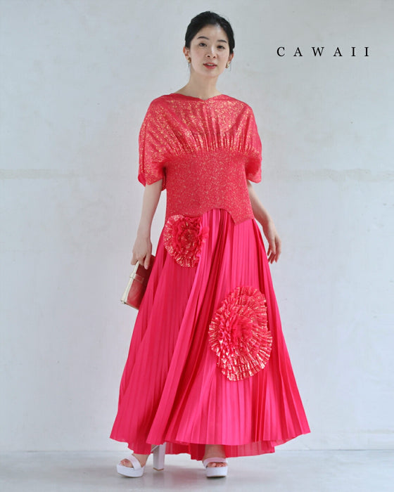 プリーツカットソーと花咲くチューブトップワンピースの2点セット【set】