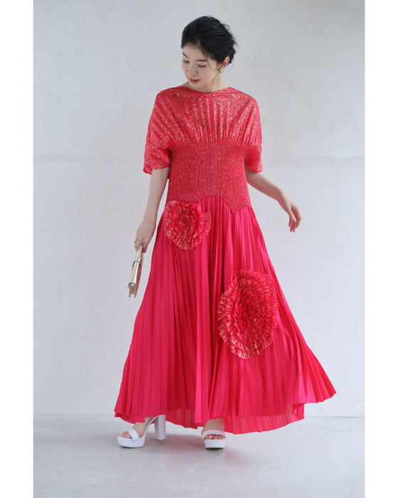 プリーツカットソーと花咲くチューブトップワンピースの2点セット【set】