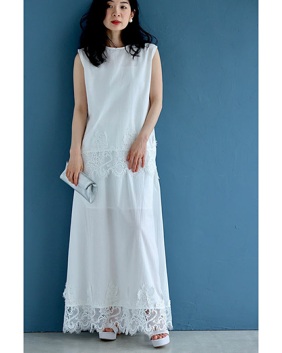 裾に浮かぶレースのカットソーとロングスカート2点セット【set】