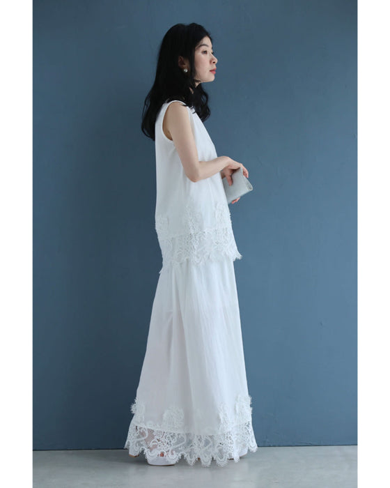 裾に浮かぶレースのカットソーとロングスカート2点セット【set】