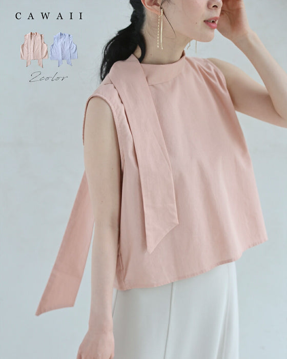 パステルカラーのネックタイカットソートップス