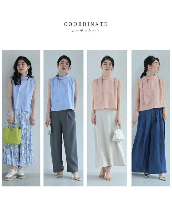 パステルカラーのネックタイカットソートップス