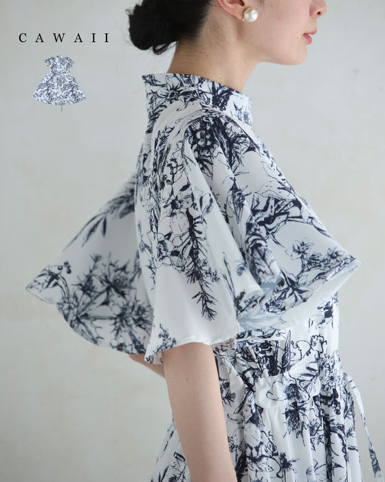 ボタニカルな世界広がるフレア袖エレガントロングワンピース