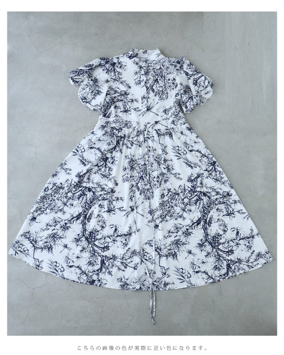 ボタニカルな世界広がるフレア袖エレガントロングワンピース